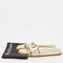 Pre Owned Valentino Gold Leather and PVC Rockstud Flat Slides Size 39