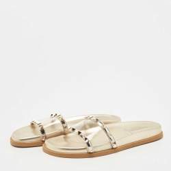 Pre Owned Valentino Gold Leather and PVC Rockstud Flat Slides Size 39