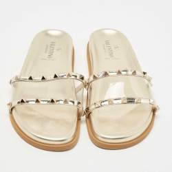 Pre Owned Valentino Gold Leather and PVC Rockstud Flat Slides Size 39