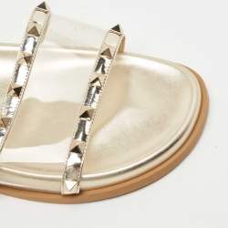 Pre Owned Valentino Gold Leather and PVC Rockstud Flat Slides Size 39