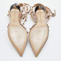 Pre Owned Valentino Black/Pink Patent Leather Rockstud Caged Ankle Strap Pumps Size 38