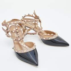 Pre Owned Valentino Black/Pink Patent Leather Rockstud Caged Ankle Strap Pumps Size 38