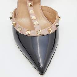 Pre Owned Valentino Black/Pink Patent Leather Rockstud Caged Ankle Strap Pumps Size 38