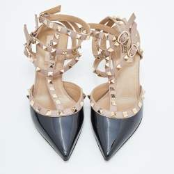 Pre Owned Valentino Black/Pink Patent Leather Rockstud Caged Ankle Strap Pumps Size 38