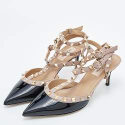 Pre Owned Valentino Black/Pink Patent Leather Rockstud Caged Ankle Strap Pumps Size 38