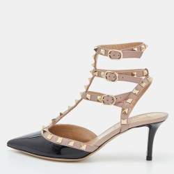 Pre Owned Valentino Black/Pink Patent Leather Rockstud Caged Ankle Strap Pumps Size 38