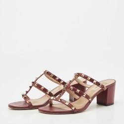 Pre Owned Valentino Burgundy Leather Rockstud Slide Sandals Size 39