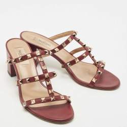 Pre Owned Valentino Burgundy Leather Rockstud Slide Sandals Size 39