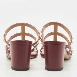 Pre Owned Valentino Burgundy Leather Rockstud Slide Sandals Size 39