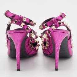 Pre Owned Valentino Metallic Pink Leather Rockstud Ankle Strap Pumps Size 37.5