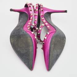 Pre Owned Valentino Metallic Pink Leather Rockstud Ankle Strap Pumps Size 37.5