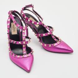 Pre Owned Valentino Metallic Pink Leather Rockstud Ankle Strap Pumps Size 37.5