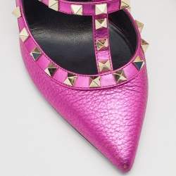 Pre Owned Valentino Metallic Pink Leather Rockstud Ankle Strap Pumps Size 37.5