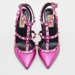 Pre Owned Valentino Metallic Pink Leather Rockstud Ankle Strap Pumps Size 37.5