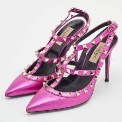 Pre Owned Valentino Metallic Pink Leather Rockstud Ankle Strap Pumps Size 37.5