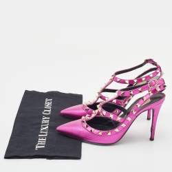 Pre Owned Valentino Metallic Pink Leather Rockstud Ankle Strap Pumps Size 37.5