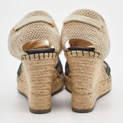 Pre Owned Valentino Black Lace and Leather Espadrille Wedges Sandals Size 37