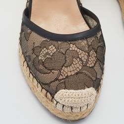 Pre Owned Valentino Black Lace and Leather Espadrille Wedges Sandals Size 37