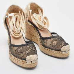 Pre Owned Valentino Black Lace and Leather Espadrille Wedges Sandals Size 37
