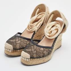 Pre Owned Valentino Black Lace and Leather Espadrille Wedges Sandals Size 37