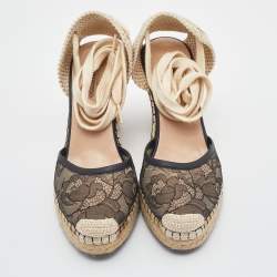 Pre Owned Valentino Black Lace and Leather Espadrille Wedges Sandals Size 37