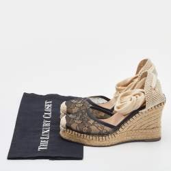 Pre Owned Valentino Black Lace and Leather Espadrille Wedges Sandals Size 37