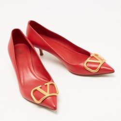 Pre Owned Valentino Red Leather V Logo Pumps Size 37.5