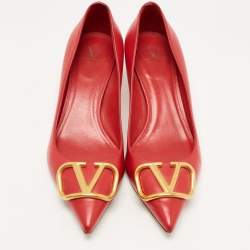 Pre Owned Valentino Red Leather V Logo Pumps Size 37.5