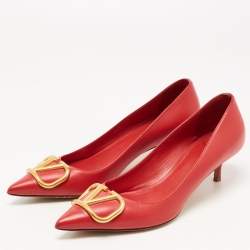 Pre Owned Valentino Red Leather V Logo Pumps Size 37.5