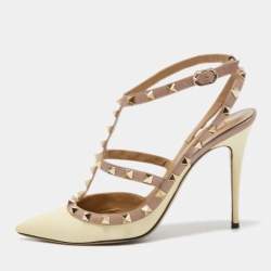Pre Owned Valentino Cream/Dusty Pink Patent and Leather Rockstud Ankle Strap Pumps Size 40