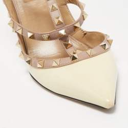 Pre Owned Valentino Cream/Dusty Pink Patent and Leather Rockstud Ankle Strap Pumps Size 40