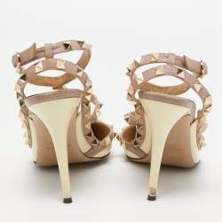 Pre Owned Valentino Cream/Dusty Pink Patent and Leather Rockstud Ankle Strap Pumps Size 40