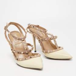 Pre Owned Valentino Cream/Dusty Pink Patent and Leather Rockstud Ankle Strap Pumps Size 40