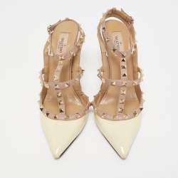 Pre Owned Valentino Cream/Dusty Pink Patent and Leather Rockstud Ankle Strap Pumps Size 40