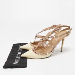 Pre Owned Valentino Cream/Dusty Pink Patent and Leather Rockstud Ankle Strap Pumps Size 40