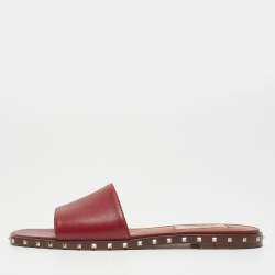 Pre Owned Valentino Burgundy Leather Soul Rockstud Flat Slides Size 36