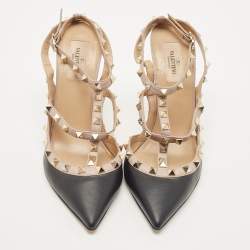 Pre Owned Valentino Black Leather Rockstud Strappy Pointed Toe Pumps Size 40