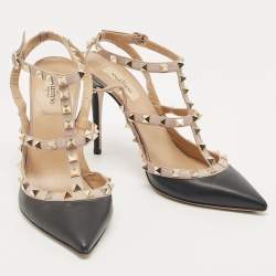 Pre Owned Valentino Black Leather Rockstud Strappy Pointed Toe Pumps Size 40
