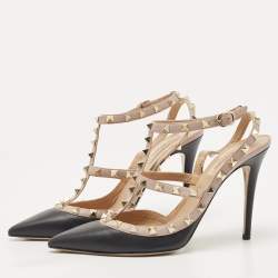 Pre Owned Valentino Black Leather Rockstud Strappy Pointed Toe Pumps Size 40
