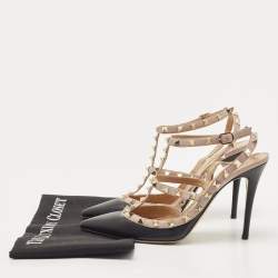 Pre Owned Valentino Black Leather Rockstud Strappy Pointed Toe Pumps Size 40