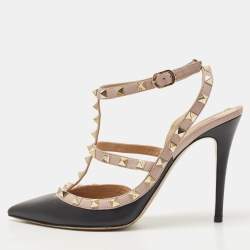 Pre Owned Valentino Black Leather Rockstud Strappy Pointed Toe Pumps Size 40