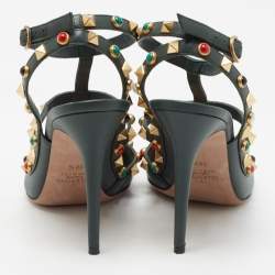 Pre Owned Valentino Dark Green Leather Rockstud Pumps Size 38.5