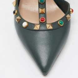 Pre Owned Valentino Dark Green Leather Rockstud Pumps Size 38.5