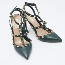 Pre Owned Valentino Dark Green Leather Rockstud Pumps Size 38.5