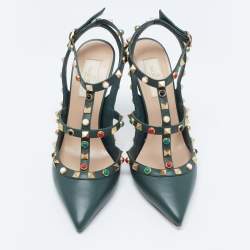 Pre Owned Valentino Dark Green Leather Rockstud Pumps Size 38.5