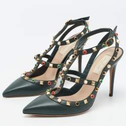 Pre Owned Valentino Dark Green Leather Rockstud Pumps Size 38.5
