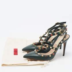 Pre Owned Valentino Dark Green Leather Rockstud Pumps Size 38.5