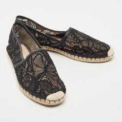 Pre Owned Valentino Black Lace and Leather Butterfly Espadrille Flats Size 41