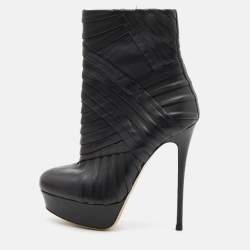 Pre Owned Valentino Black Leather Zip Mid Calf Boots Size 36