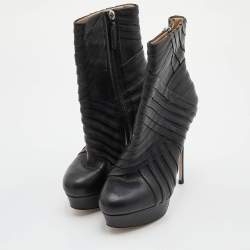Pre Owned Valentino Black Leather Zip Mid Calf Boots Size 36